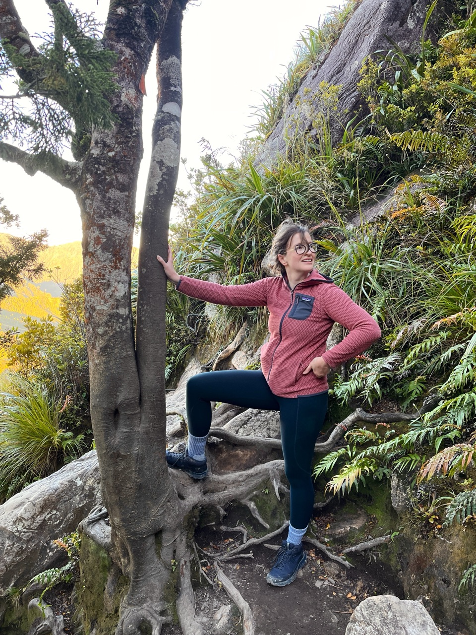 Heather on a bush track, one boot up on a root